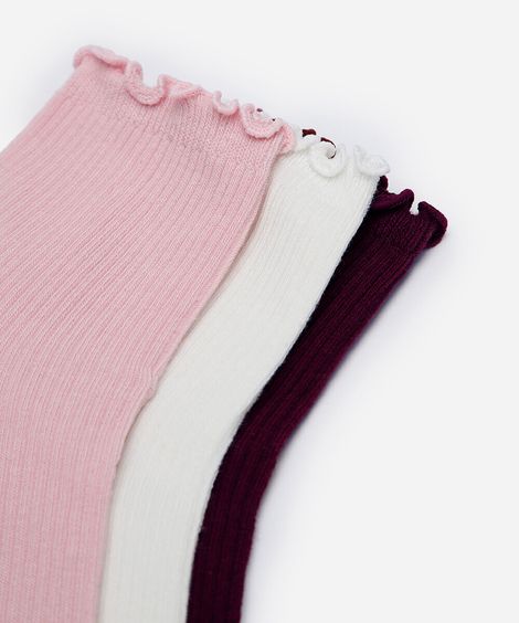 kit de 3 meias cano alto com frufru colorido