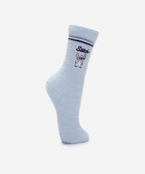 meia cano alto com bordado stitch texturizada azul