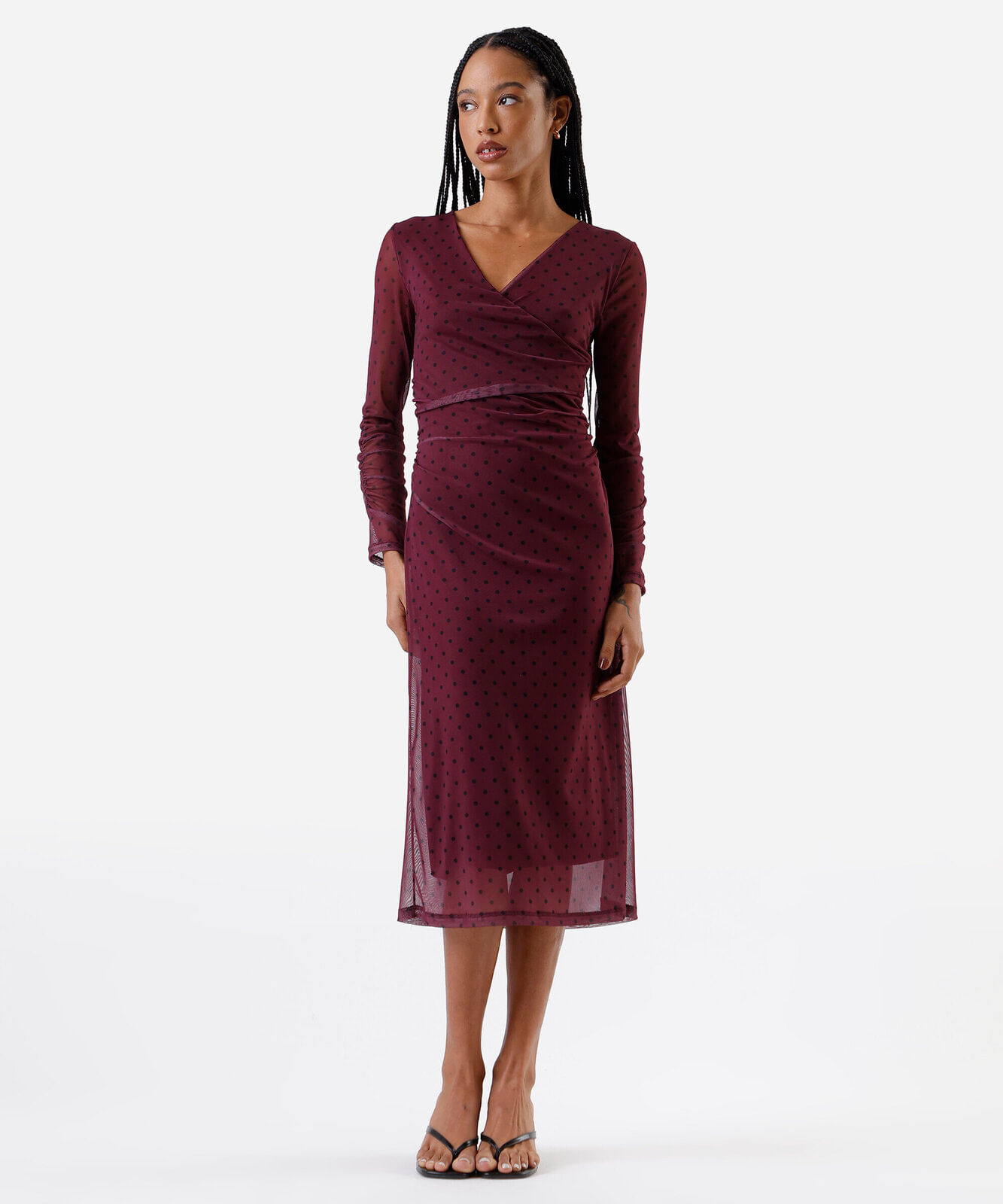 vestido midi feminino de tule franzido poá vinho
