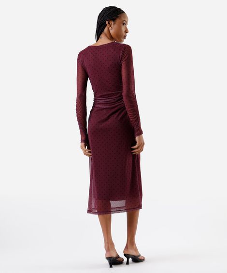 vestido midi feminino de tule franzido poá vinho