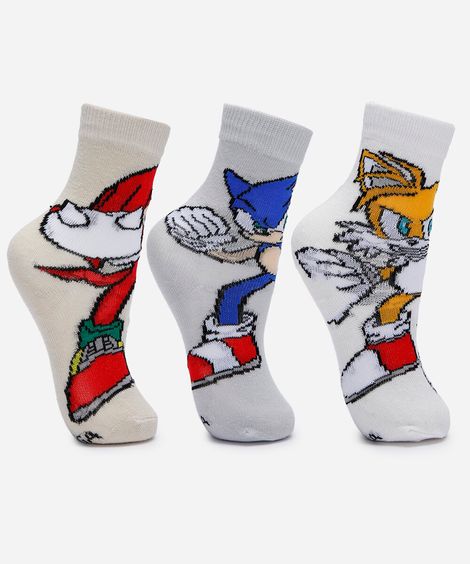 kit de 3 meias infantis cano alto sonic colorido