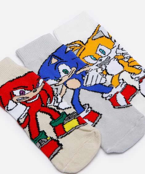 kit de 3 meias infantis cano alto sonic colorido