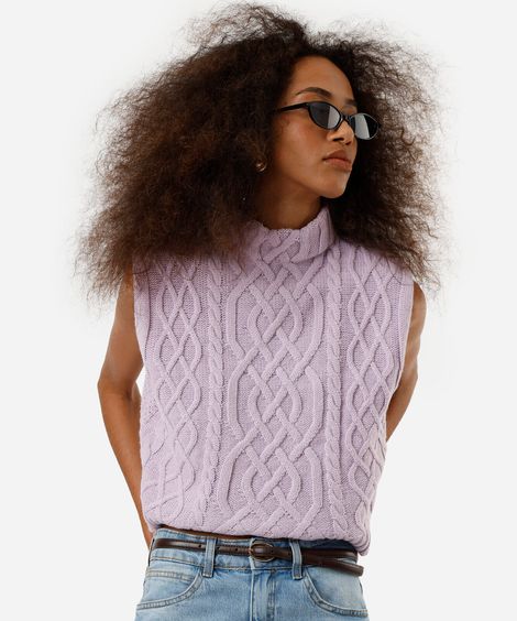 colete feminino de tricot gola alta texturizado lilás