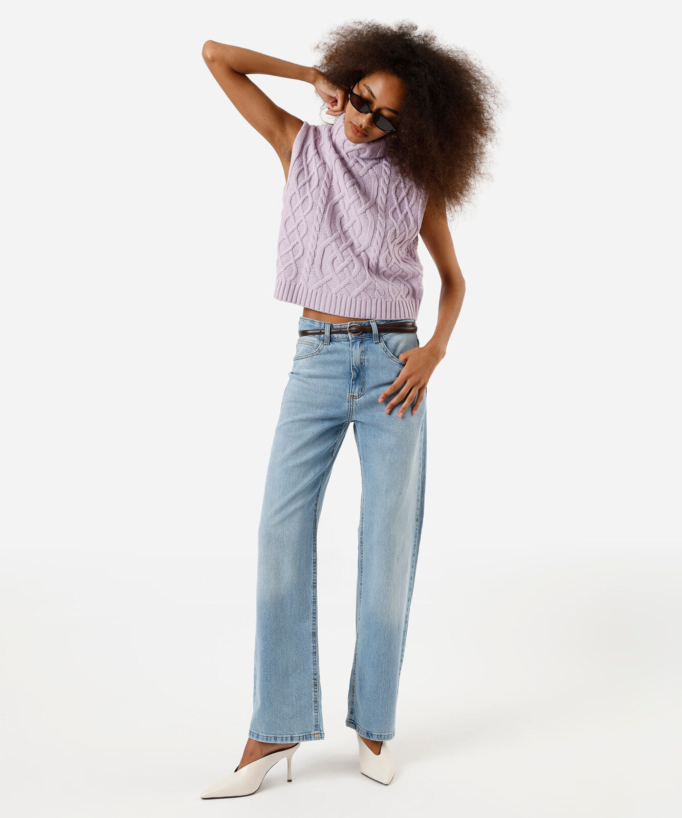 colete feminino de tricot gola alta texturizado lilás