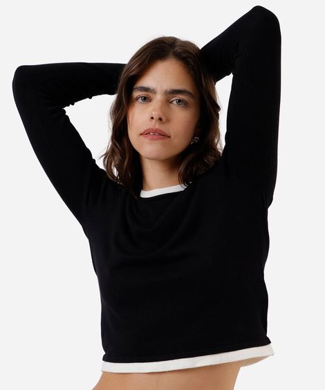 suéter básico feminino de tricot bicolor preto