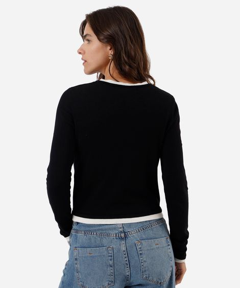 suéter básico feminino de tricot bicolor preto