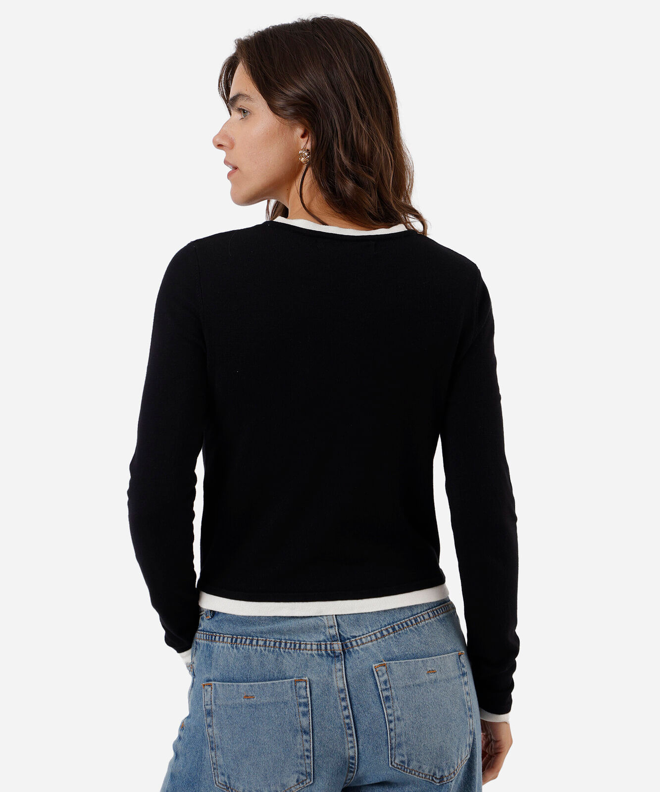 suéter básico feminino de tricot bicolor preto