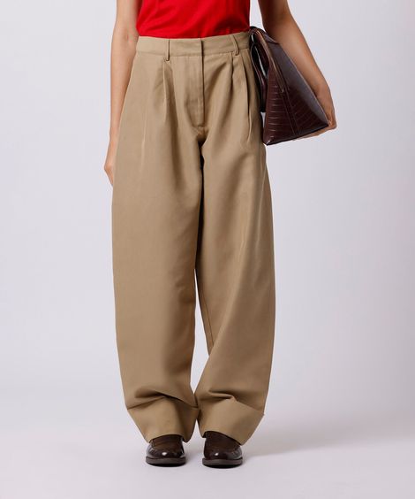 calça de alfaiataria feminina com pregas mindset bege