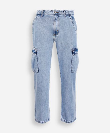 calça wide leg slim juvenil com bolso cargo azul