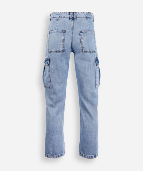 calça wide leg slim juvenil com bolso cargo azul