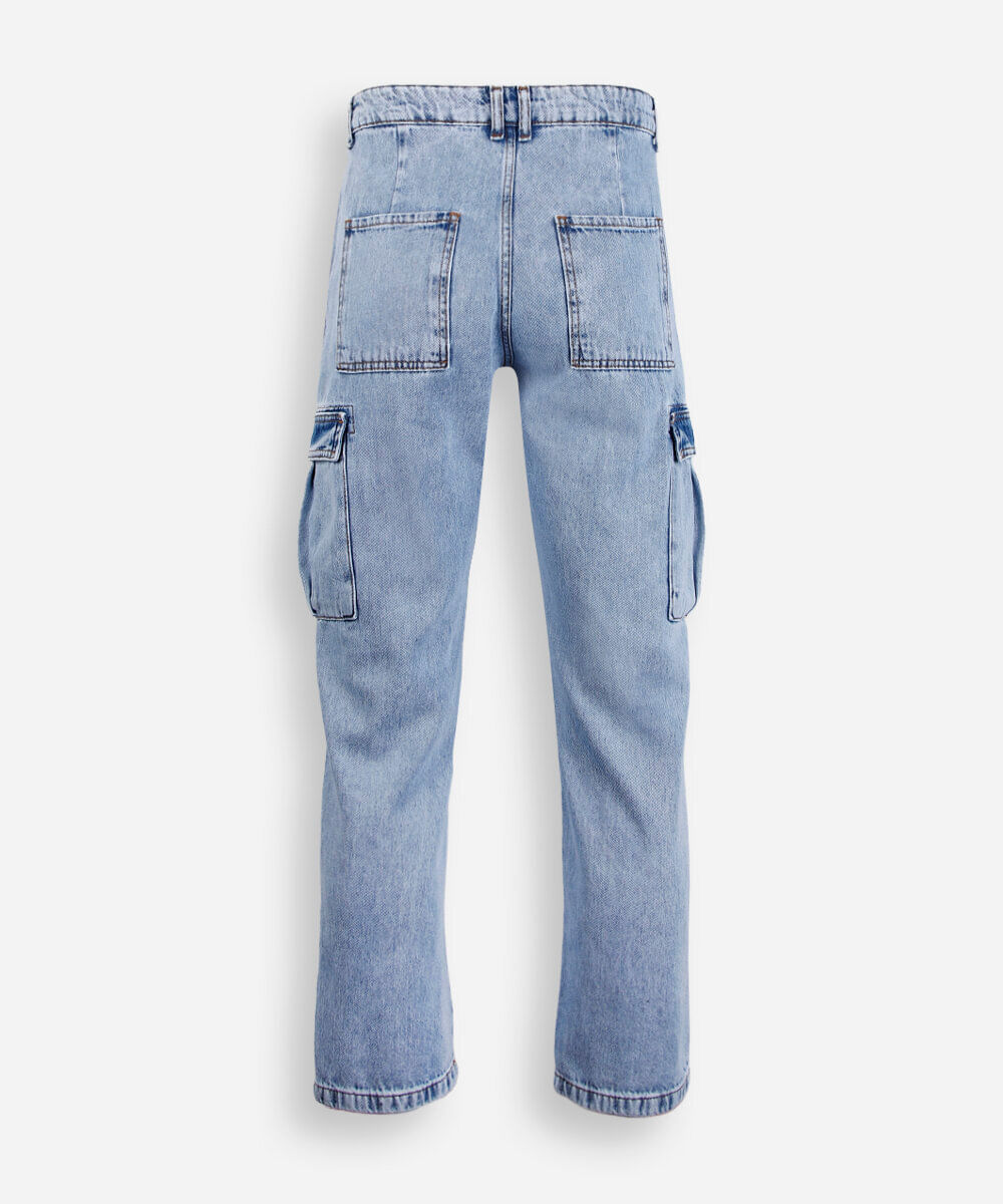 calça wide leg slim juvenil com bolso cargo azul
