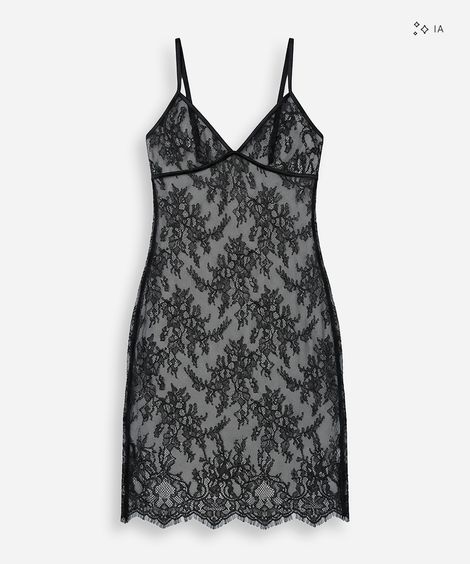 camisola midi alça fina feminina de renda floral preta