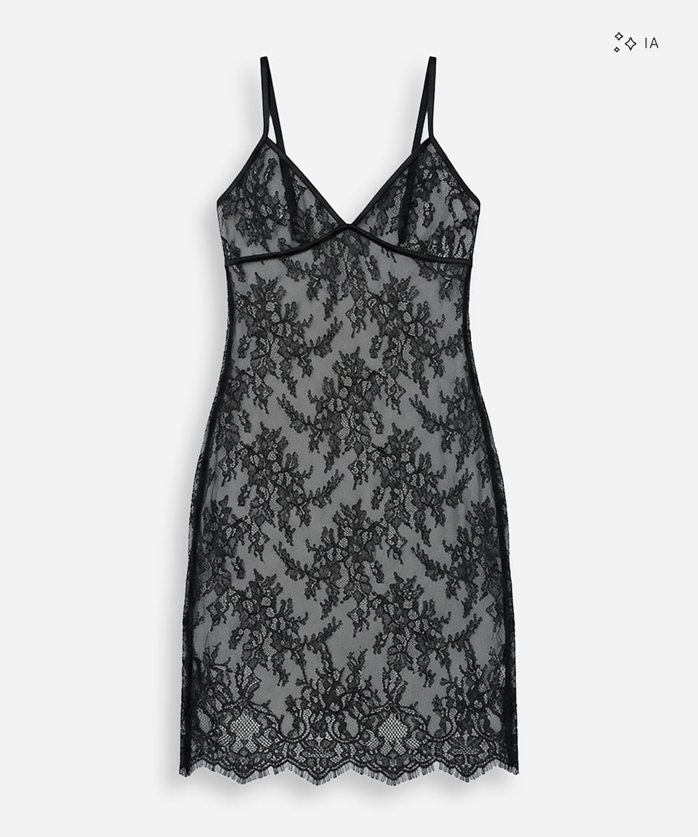 camisola midi alça fina feminina de renda floral preta