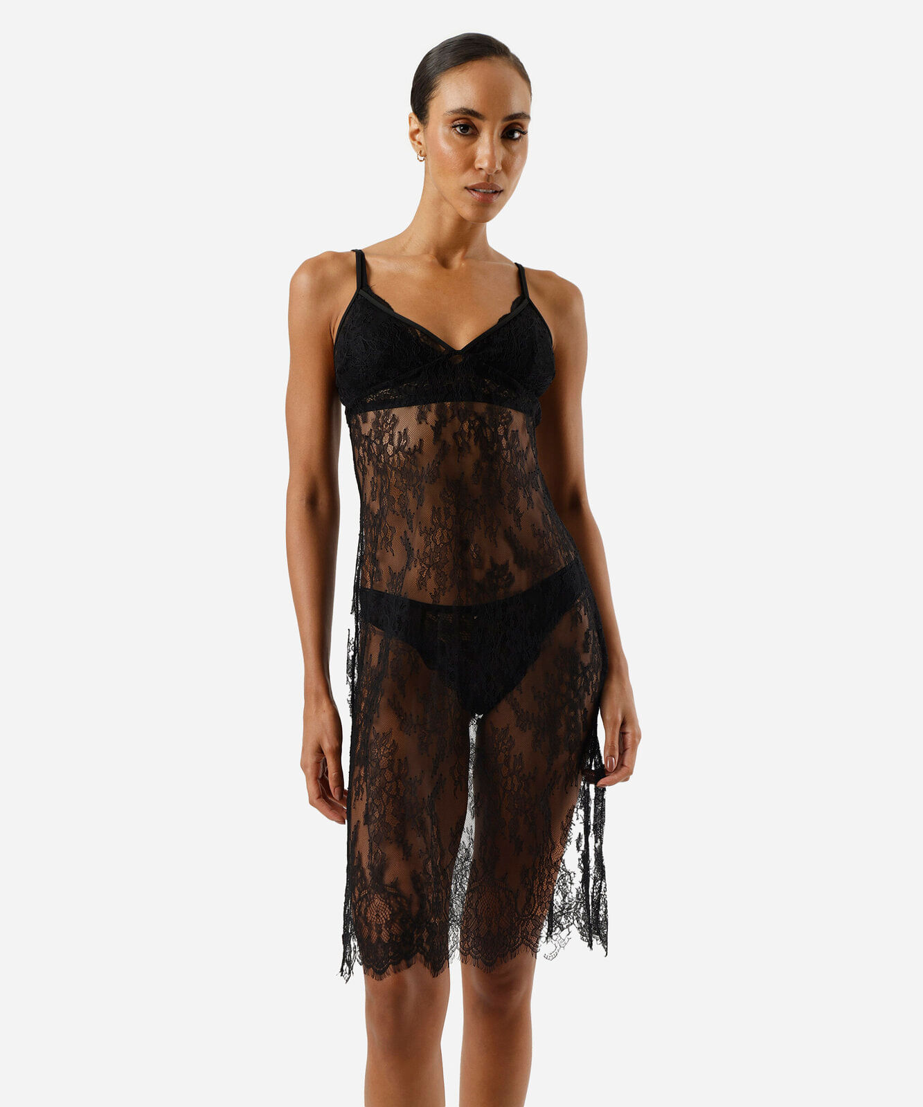 camisola midi alça fina feminina de renda floral preta