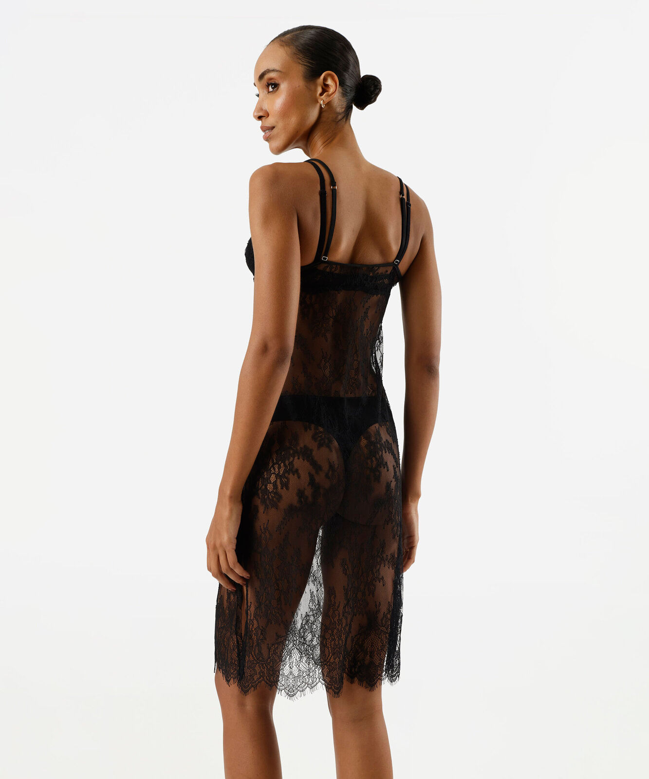 camisola midi alça fina feminina de renda floral preta