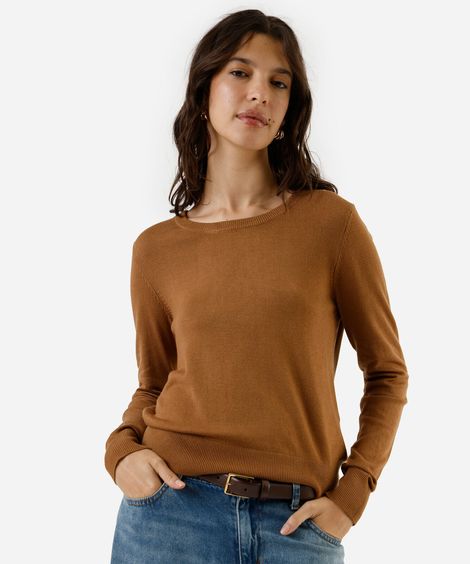 suéter de tricô básico decote redondo marrom