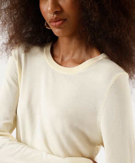 suéter de tricô básico decote redondo bege