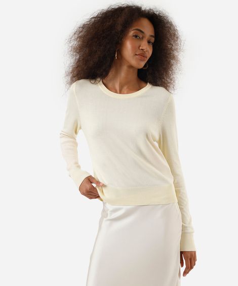 suéter de tricô básico decote redondo bege