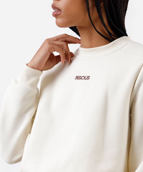 blusão cropped balonê feminino de moletom  manga longa bordado bege