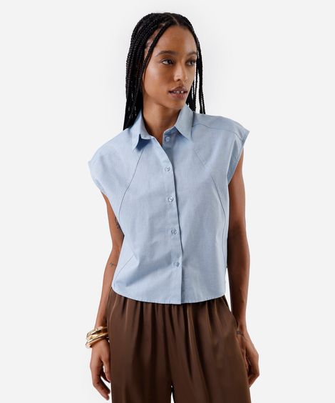 camisa feminina de algodão com recortes azul