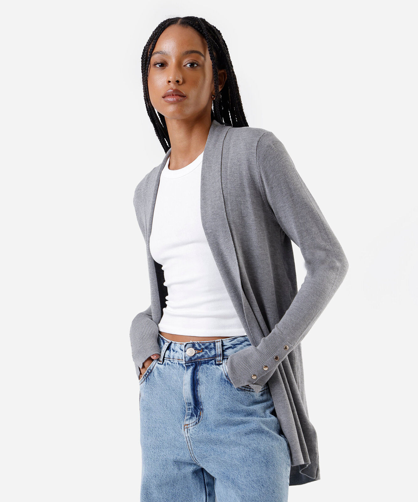 cardigan feminino de tricot cinza
