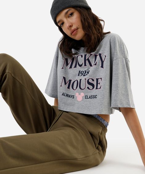 camiseta feminina de algodão estampada mickey cinza