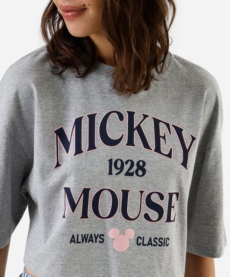 camiseta feminina de algodão estampada mickey cinza