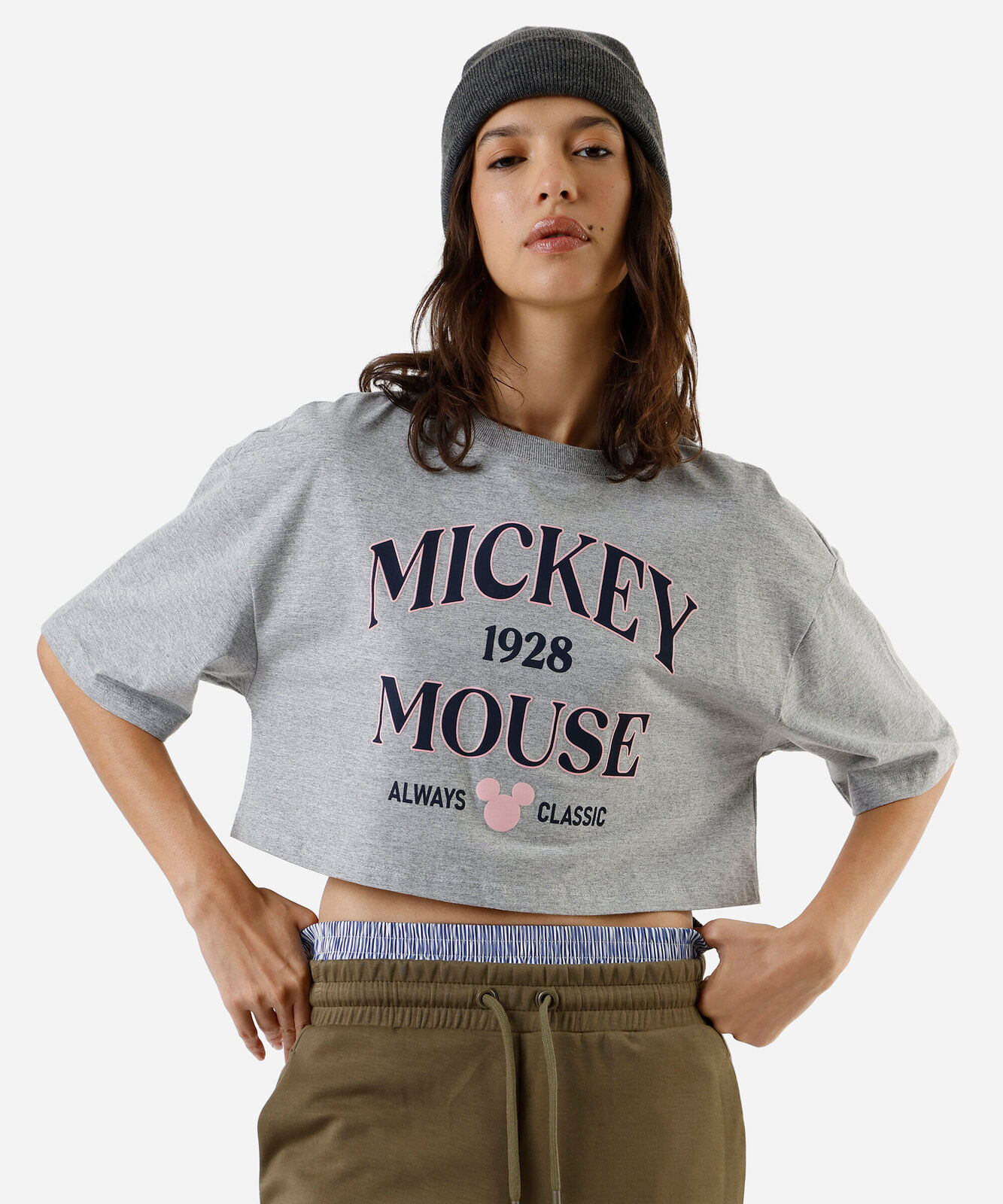 camiseta feminina de algodão estampada mickey cinza