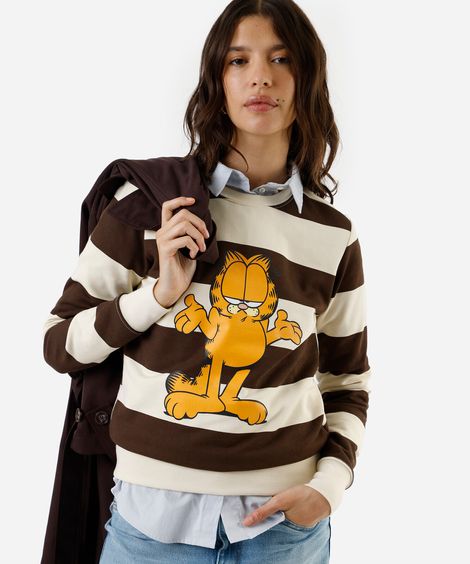 blusão feminino de moletom gola redonda garfield listrado bege