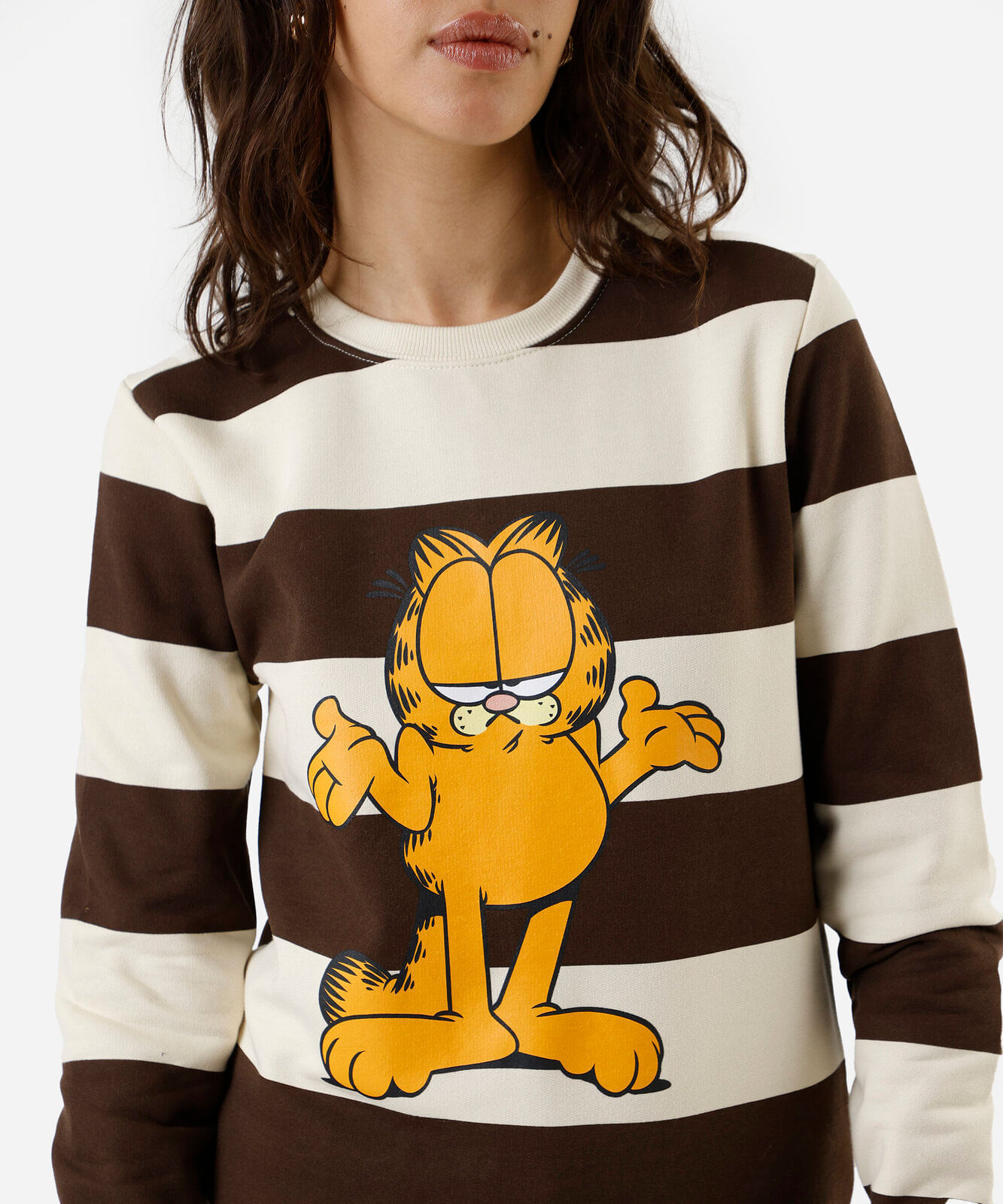 blusão feminino de moletom gola redonda garfield listrado bege