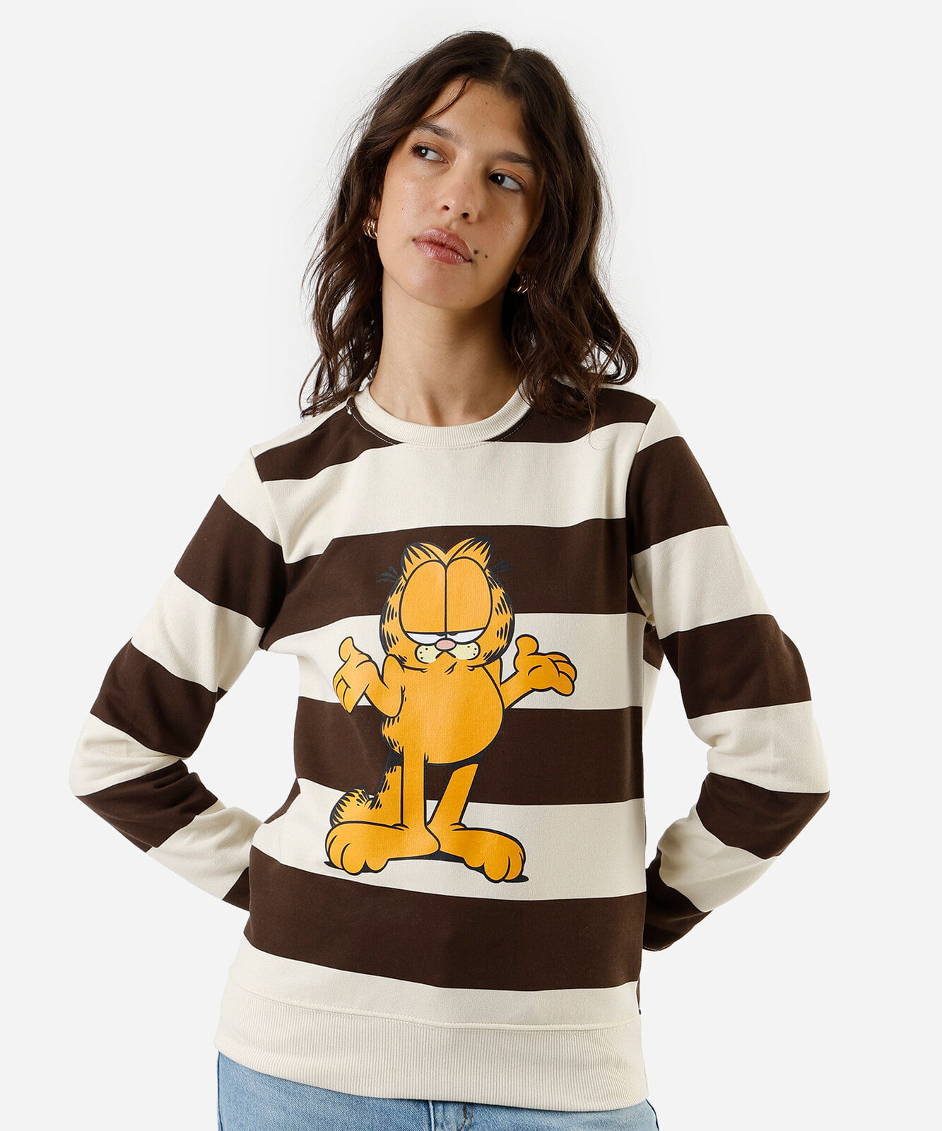 blusão feminino de moletom gola redonda garfield listrado bege
