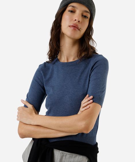 blusa manga curta long cropped gola careca em tricot liso azul