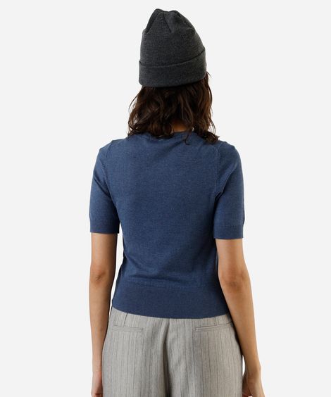 blusa manga curta long cropped gola careca em tricot liso azul