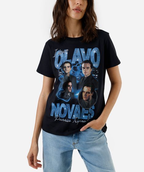 camiseta feminina de algodão estampada paraíso tropical preta