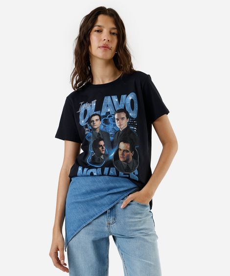 camiseta feminina de algodão estampada paraíso tropical preta