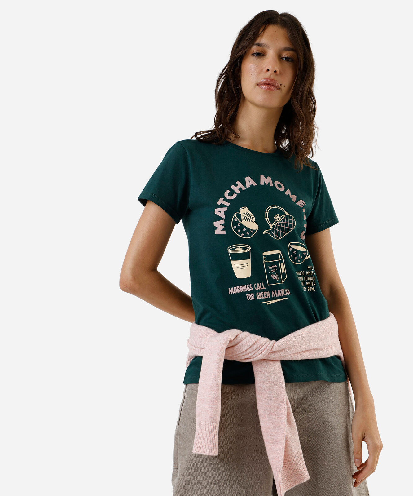 camiseta feminina de algodão estampada matcha verde