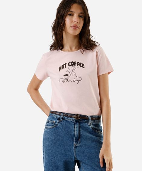 camiseta feminina de algodão estampada hot coffee rosa