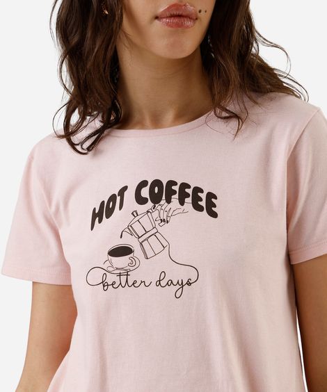 camiseta feminina de algodão estampada hot coffee rosa