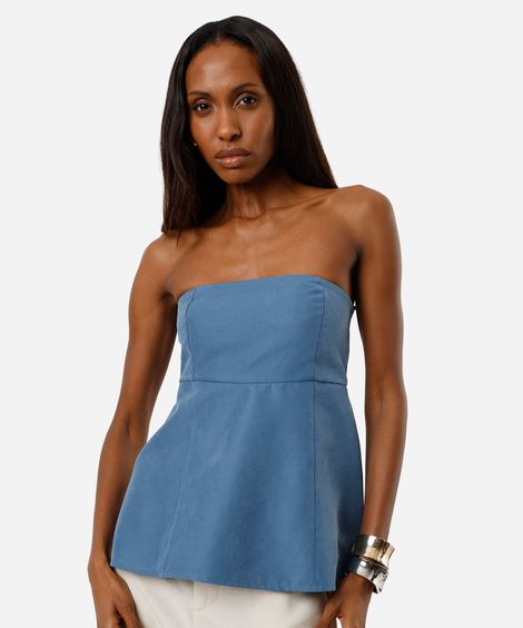 blusa peplum feminina sem alça com recortes azul