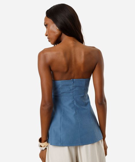 blusa peplum feminina sem alça com recortes azul