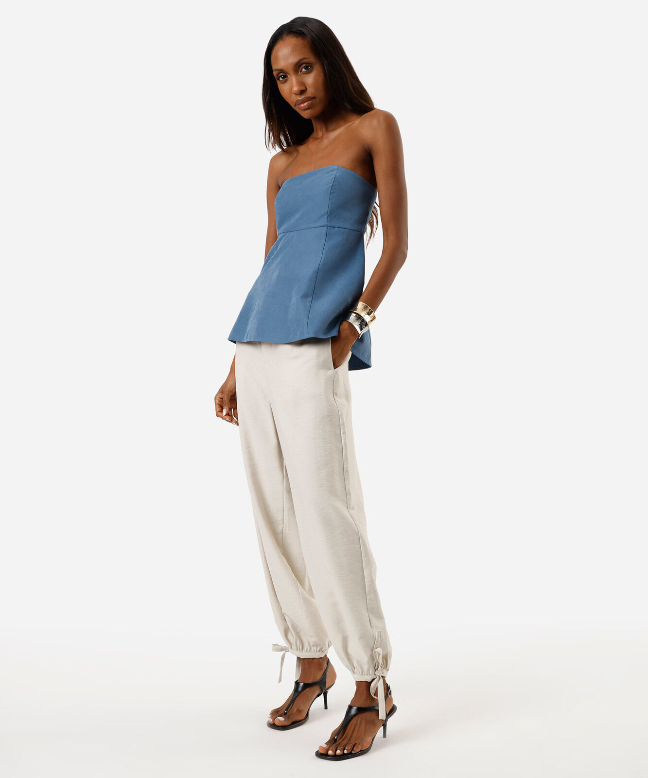 blusa peplum feminina sem alça com recortes azul