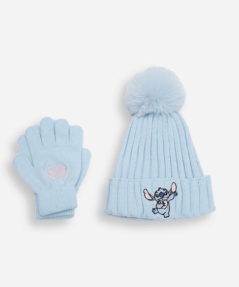 kit infantil de gorro e luvas em tricot bordado stitch azul