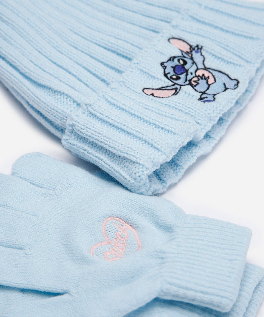 kit infantil de gorro e luvas em tricot bordado stitch azul