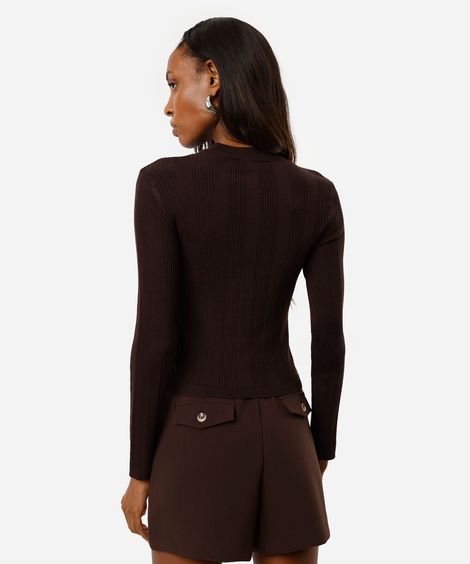 suéter básico feminino de tricot canelado marrom