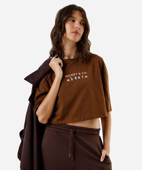 camiseta cropped feminina mickey friends marrom