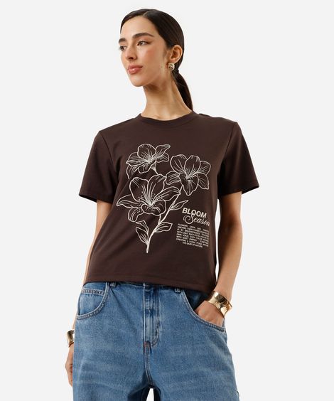 camiseta feminina de algodão floral marrom