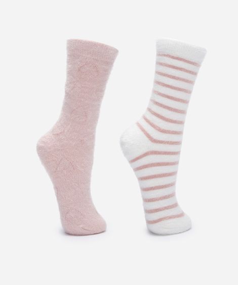 kit de 2 meias cano alto texturizada listrada colorido