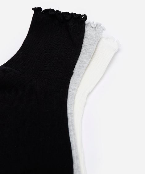 kit de 3 meias cano alto com frufru colorido