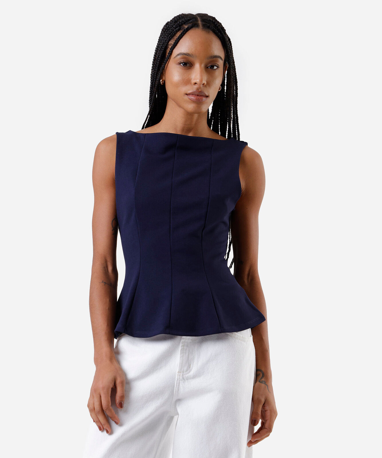 regata feminina peplum com recortes azul