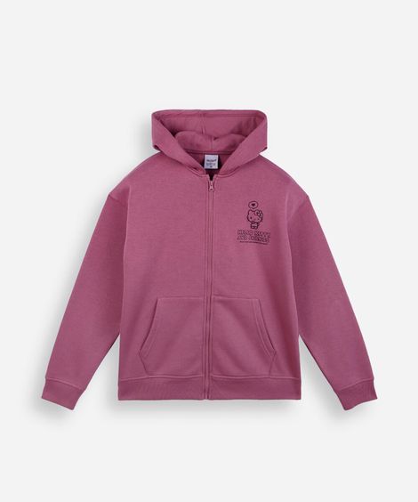 jaqueta oversized juvenil de moletom com capuz hello kitty roxa